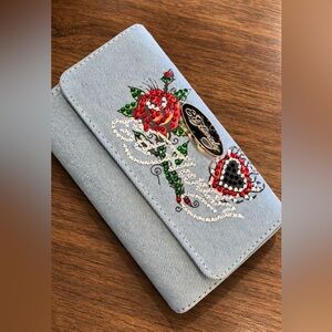 Ed Hardy Denim Rhinestone Rose Heart Wallet Checkbook Clutch Blue Canvas NWT